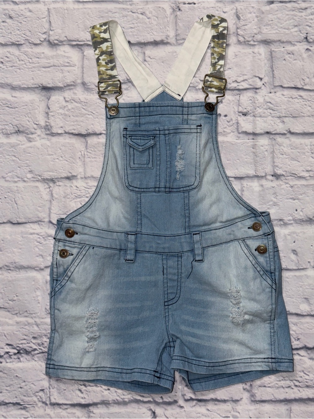 Light Blue Denim Overalls with Green Camo Straps